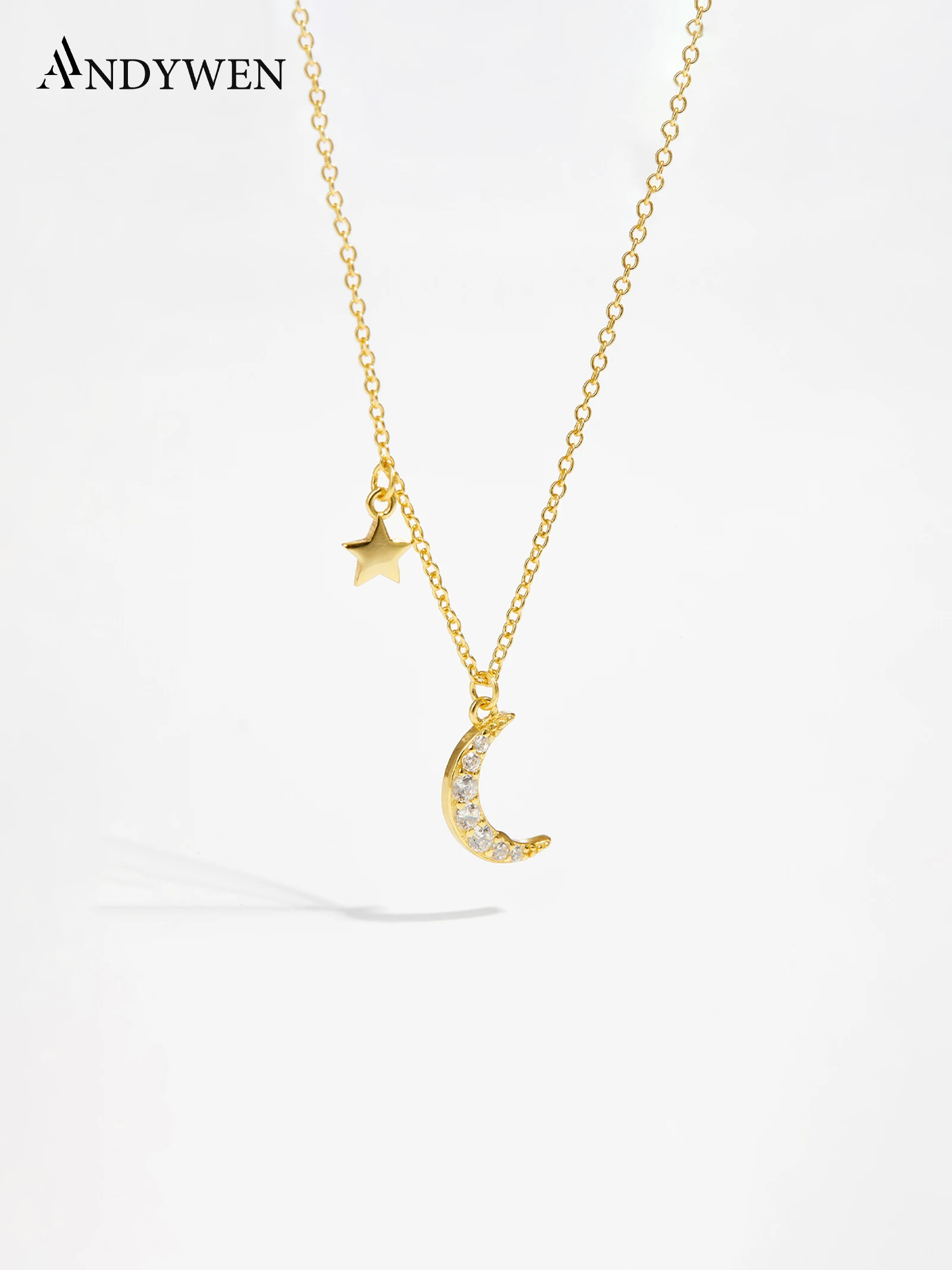 

ANDYWEN 925 Sterling Silver Necklace with Zircon CZ Moon Star Pendant Long Chain Women Elegant Wedding Jewelry Crystal Luxury