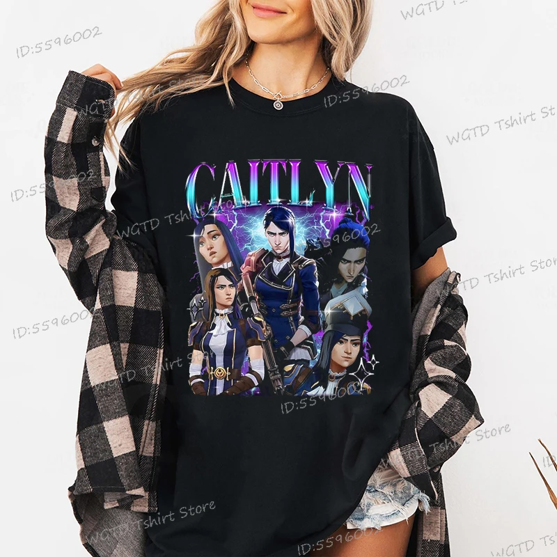 Caitlyn Arcane T-shirts League of Legends Anime Lol Tshirts Short Sleeve Clothing Cotton Oversized Anime Clothes men Streetwear