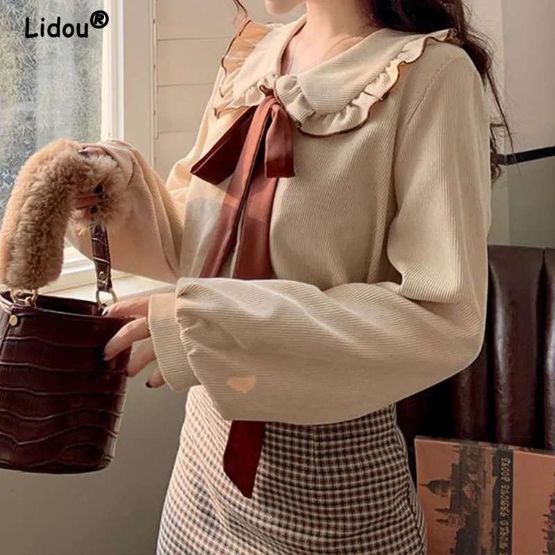 2023 Sweet Elegan Peter Pan Collar Long Sleeve Ruffles Single Breasted Blouses Temperament Chic Blouses for Women  blouse with