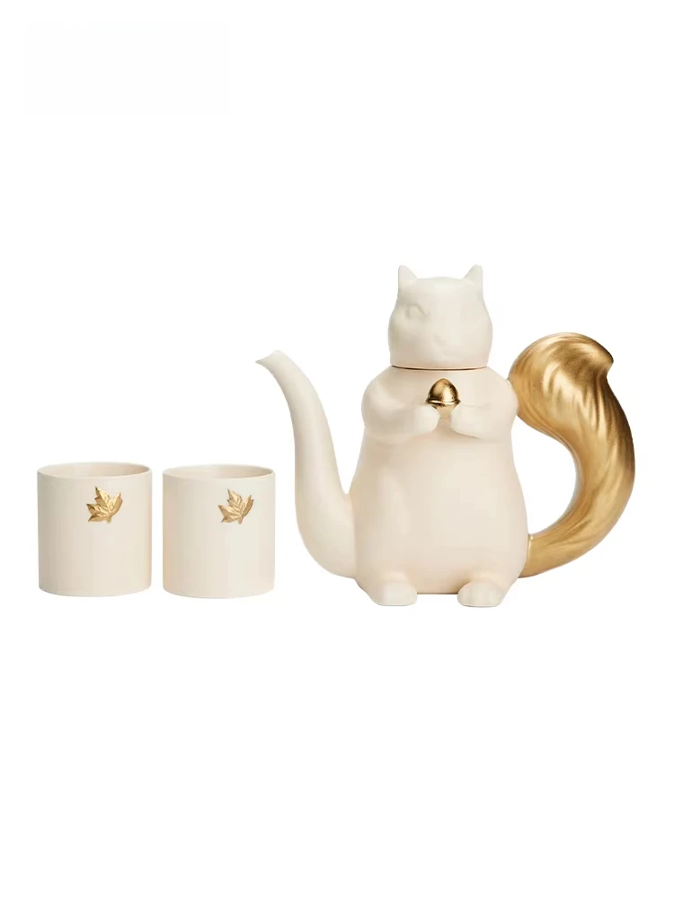 

Home workshop series, squirrel ceramic relief tea set gift box, one pot and two cups as gifts.