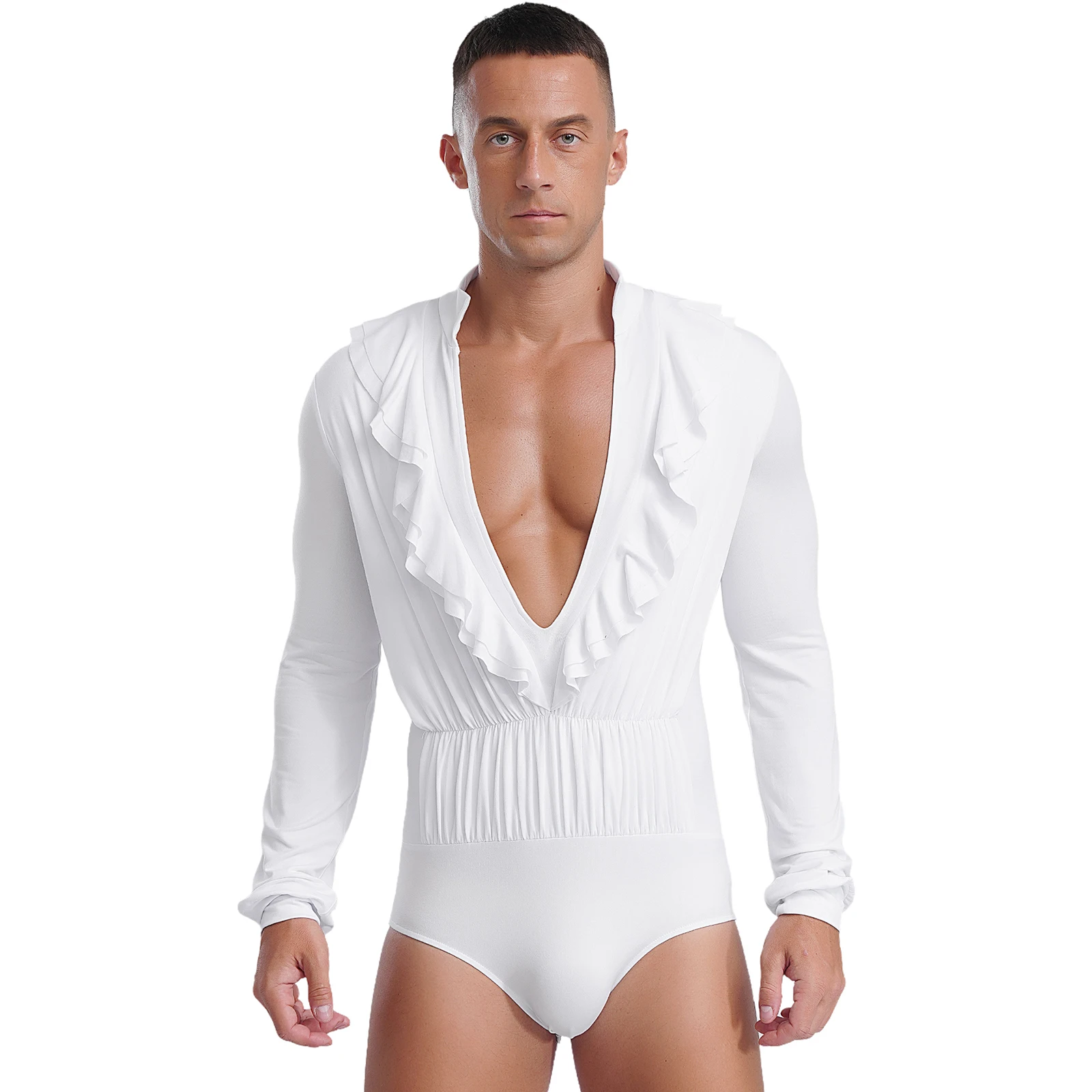 Men Latin Jazz Rumba Ballet Dance Performance Competition Costume Bodysuits Ruffles V-neck Long Sleeve Skinny Rompers Dancewear