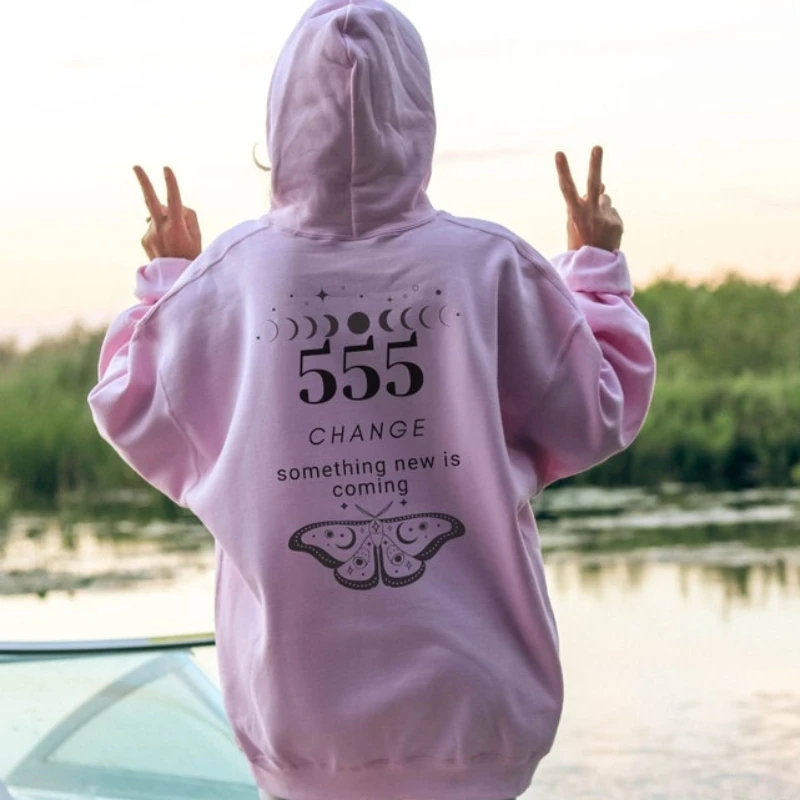 Angel Number 555 Hoodie Butterfly Moth Hoodies Moon Phases Celestial Spiritual Clothing Trendy Women Tops Witchy Hoodies Women