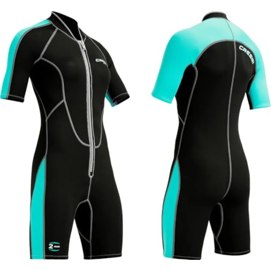 

Lady short sleeve 2 mm wetsuit for swimming and snorkeling, black/aquamarine neoprene, lightweight and flexible