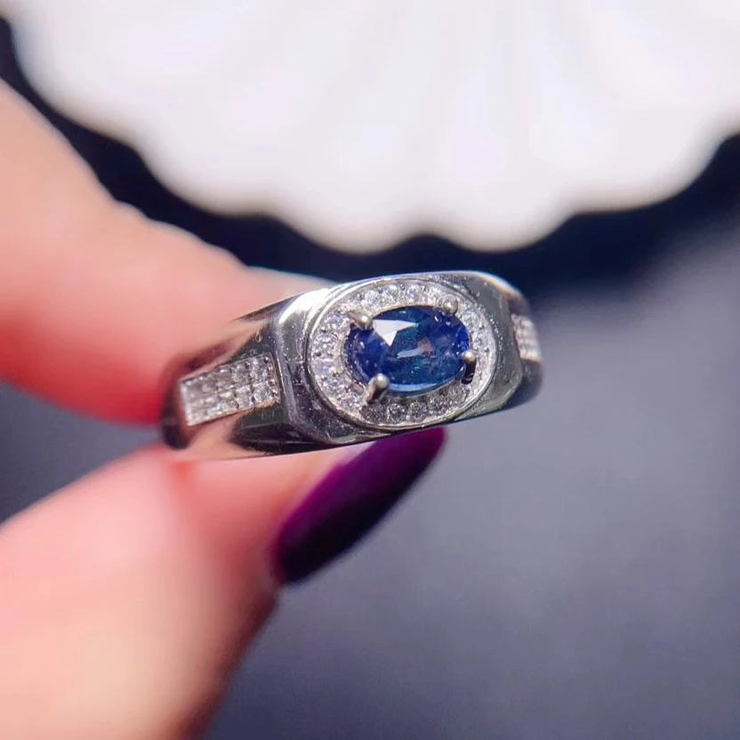 Classic Sapphire Men Ring 5mm*7mm 0.7ct Natural Sapphire Jewelry for Men 18K Gold Plated Band Ring