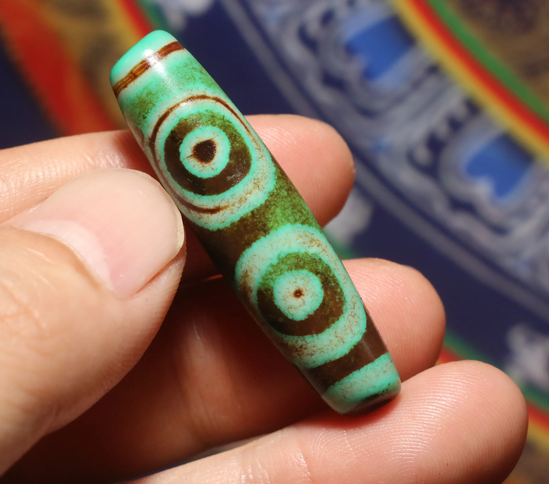 

AL Ultra Energy Tibetan Old Agate Green Color Double Heaven&Earth dZi Bead Pendant Amulet Big Treasure Timestown UPD21Asw