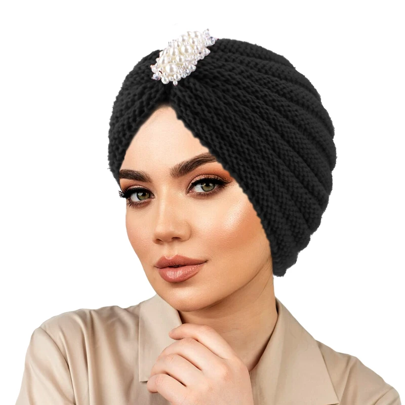 New Women Vintage Bead Knitted Turban Thick Coldproof Elastic Head Wraps Casual Knit Hats Warm Pleated Beanies Chemo Cap