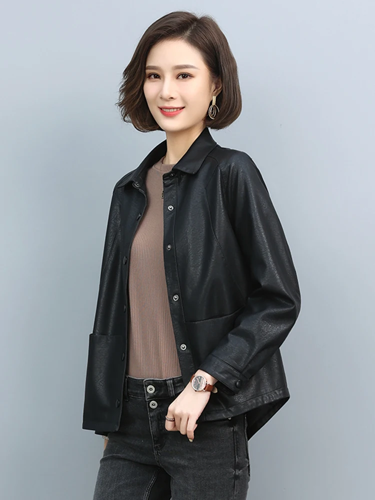 Spring 2025 ort Sle Women's Leather Jaet Motorbike Coat Flip Collar Faion Slim Fit Korean Version Haining Genuine Lea...