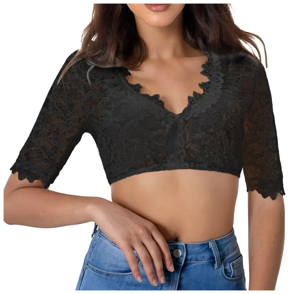 Elegant Oktoberfest Tops And Blouses Plus Size Lace Dirndl Wrap Crop Top Traditional Bavarian German Beer Festival Costumes