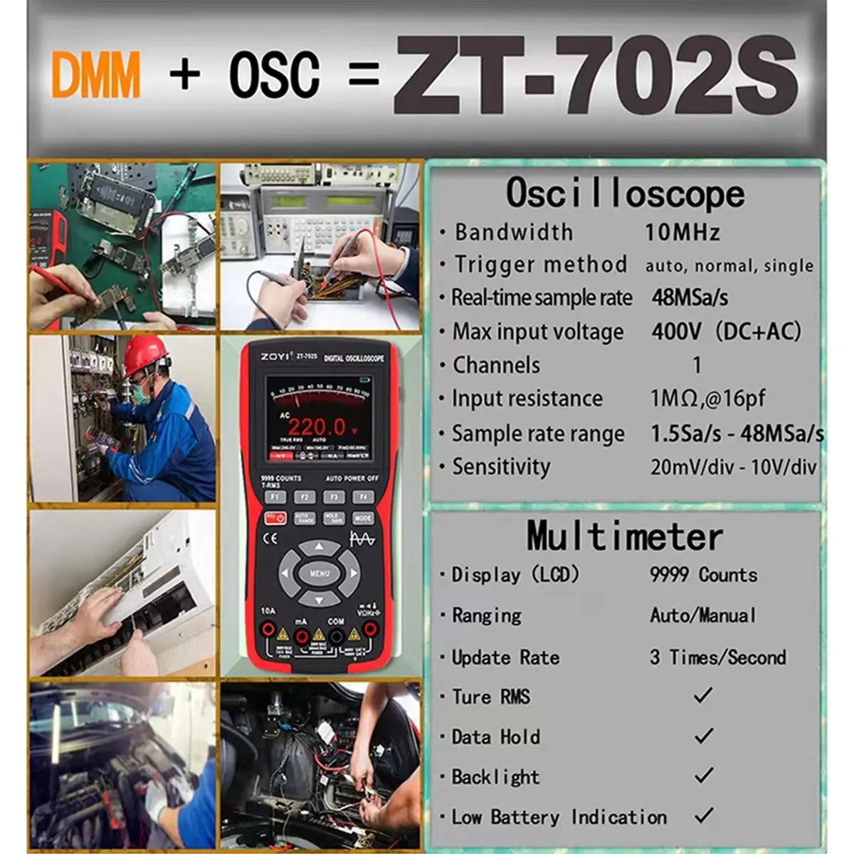 Time Saving  -702S 2 in 1 Handheld Digital Automotive Oscilloscope MultimeterSingle Channel 10MHZ Bandwidth,64Kbyte Record Lengt