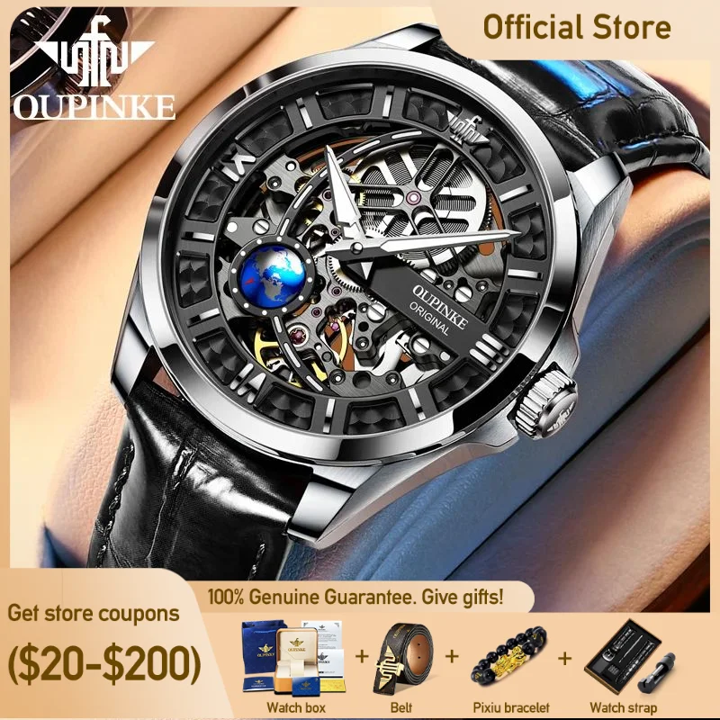 OUPINKE Men\'s Watches Top Brand Luxury Automatic Mechanical Watch for Man 3D Vision Rotationg Second Dial Wristwatch Sapphire