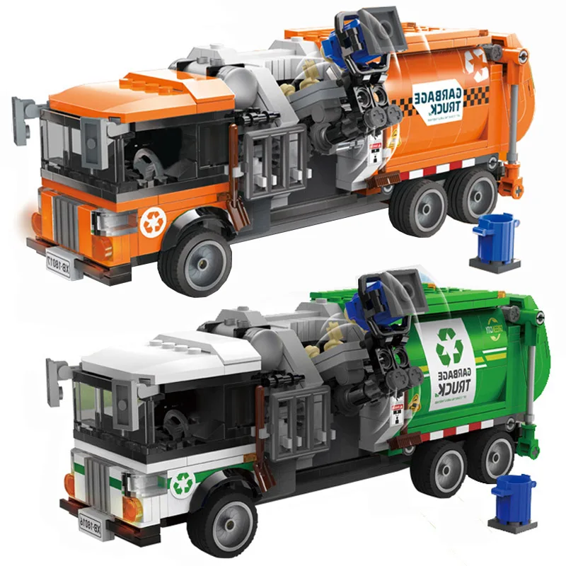 City Town Sanitation Garbage Truck Vehicle Car Building Blocks Kits Bricks Classic Model Kids Assemble Toys For Children Gift