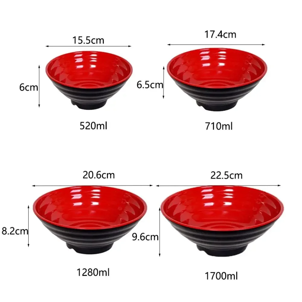 Household Melamine Ramen Bowl Red and Black Ring Striped Pattern Fruit Salad Bowl Heat Safe Japanese Style Soup Bowl Commercial