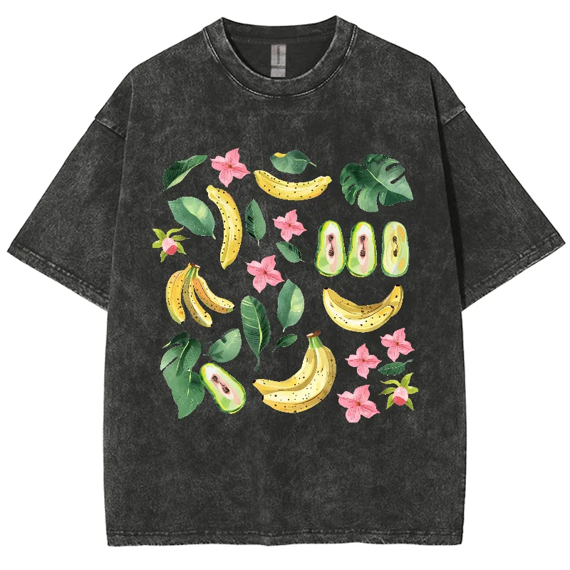 Banana Pattern Printing T-shirt Water Washed Fabric  for Men Women Summer Relaxed Short Sleeve Couple Wear Harajuku Top Tee