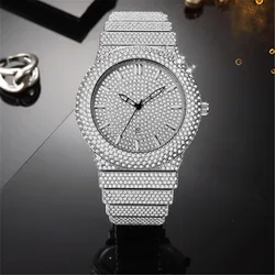 Relógios de ouro para homens, Alloy Band, Hip Hop, Diamante, Data, Quartzo, Luxo, Abastecimento Masculino, Grande Marca, Moda