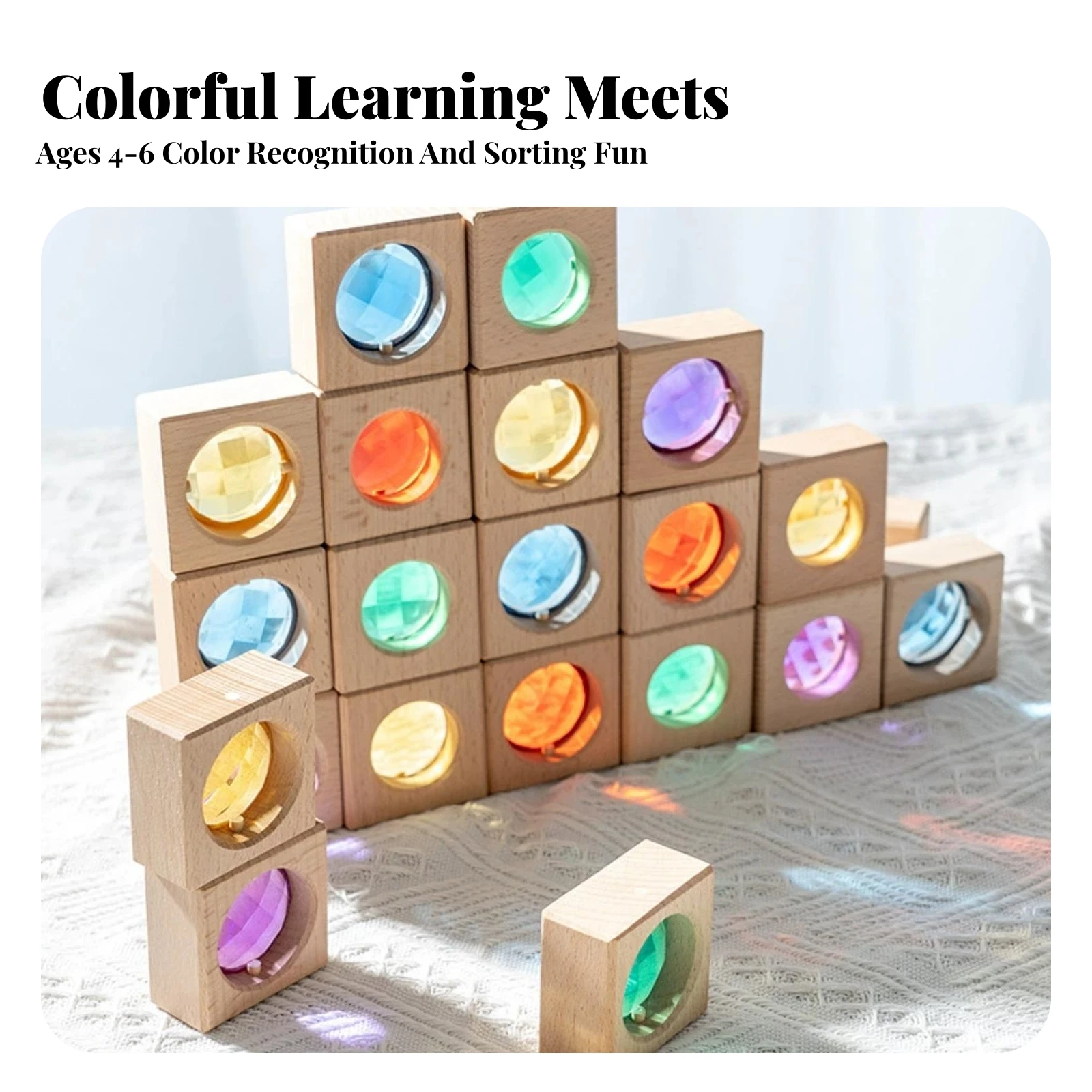 50 Pieces Beechwood Building Blocks Educational Building Blocks with Jewel-Like Colored Inserts Toy Screen-No-Screen Smooth