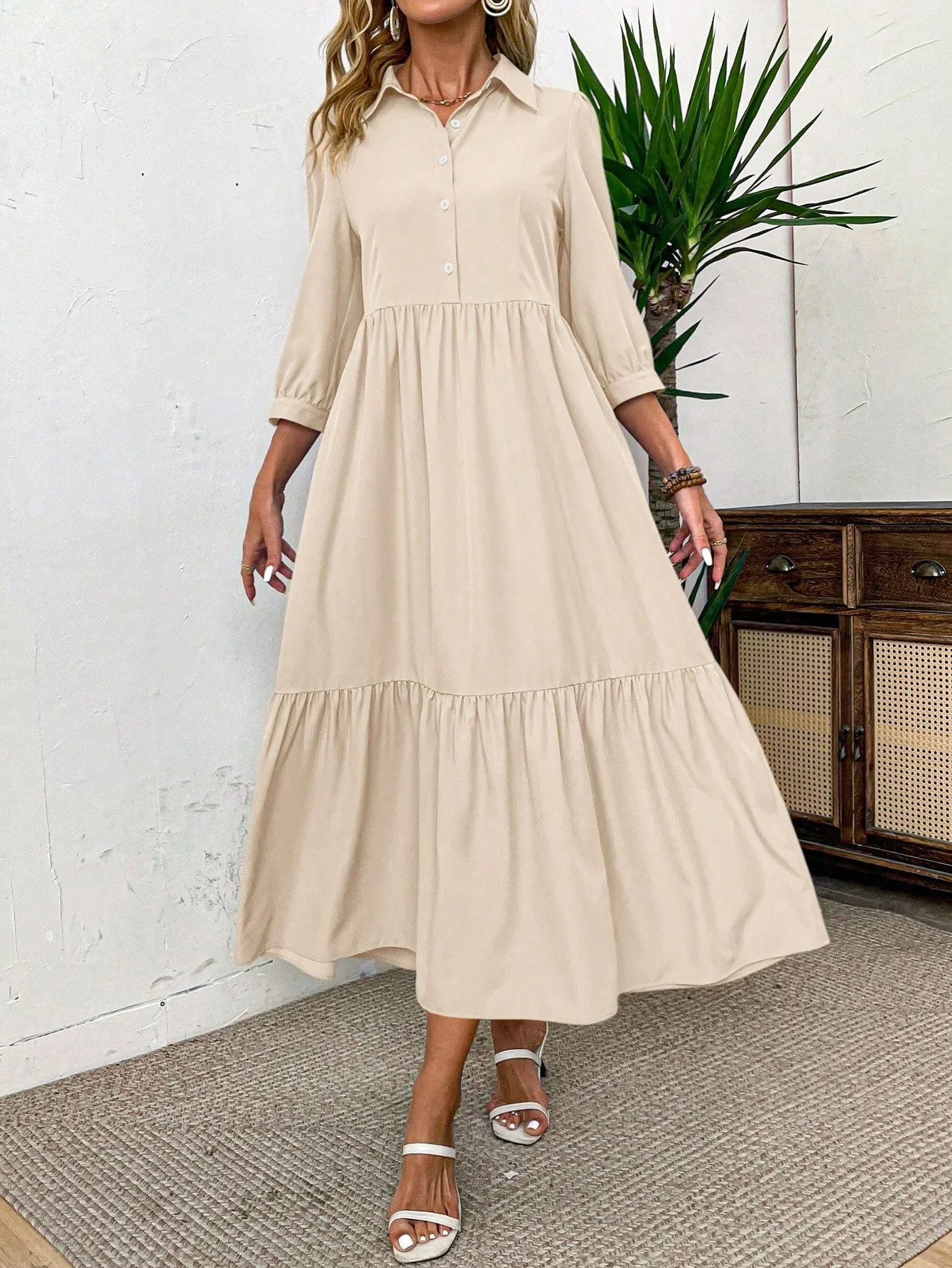 

2025 New European and American Loose Slim French Lazy Style Shirt Dress Solid Color Bohemian