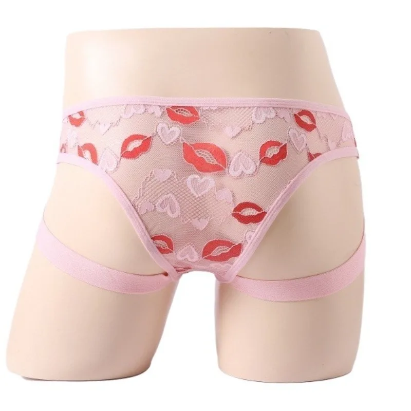 

Sissy Lingerie Men's Lip Print Lace See Through Briefs with Leg Strap Sexy Perspective Panties Gay Jockstrap with Elastic Band