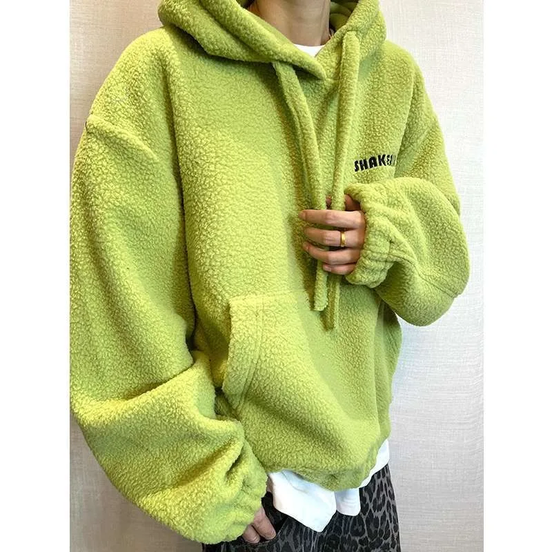 

A 300-pound Large-sized Men's Winter Retro Solid Color Soft and Loose Solid Color Lambskin Thickened Warm Hooded Sweatshirt Coat