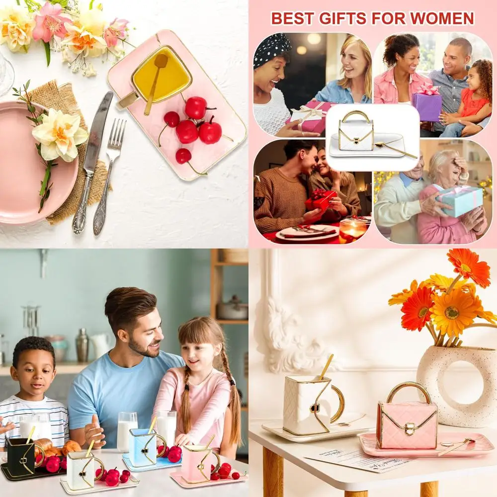 

Elegant Handbag-Shaped Coffee Mug with Spoon and Saucer, 10oz, Cute Valentine's Day Gift for Women (Pink, Blue, Black, White)