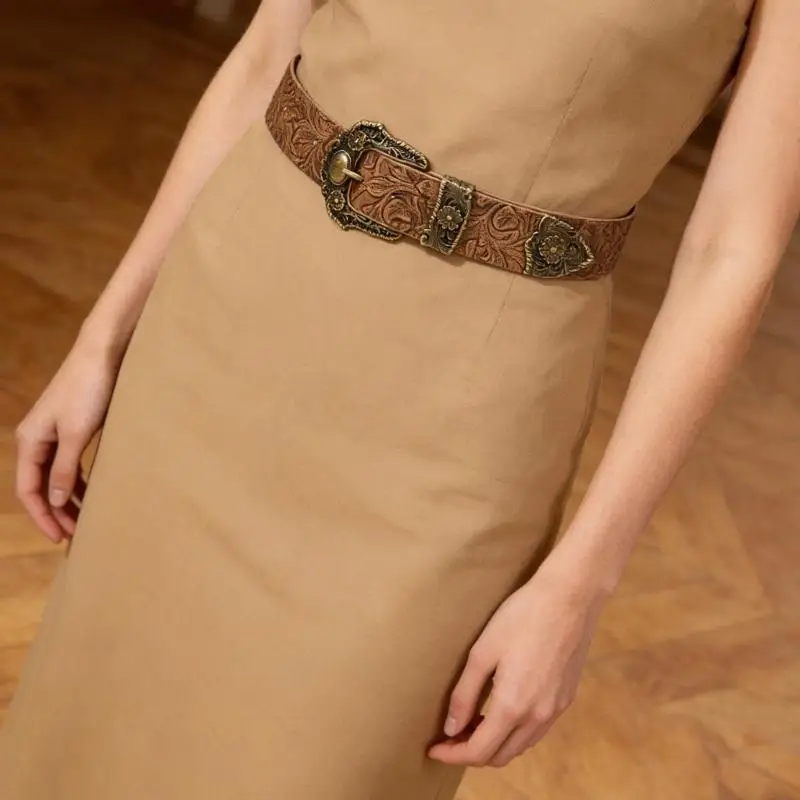

31BB Retro Belt Printed Design PU Leather Alloyed Clasp Waist Sash for Any Occasion