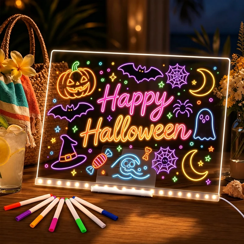 LED Light Acrylic Message Board Erasable Glowing Magic Board with 7 Color Pens for Birthday Halloween Christmas Kid DIY Toy Gift