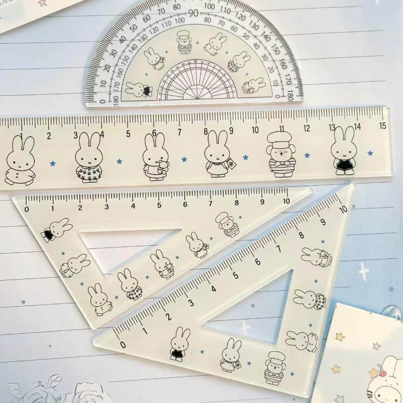 Nuevo Miffy lindo dibujo animado alta belleza Miffy Rabbit acrílico estudiante papelería conjunto regla para aprender, juego completo de regalos escolares