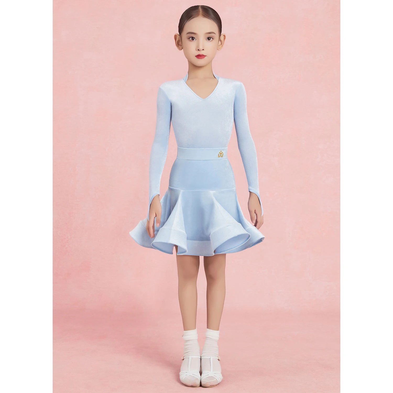 2026 Girls Latin Dance Competition Clothing V Neck Velvet Long Sleeves Dress Fishbone Skirt Cha Cha Dance Practice Wear DNV25873