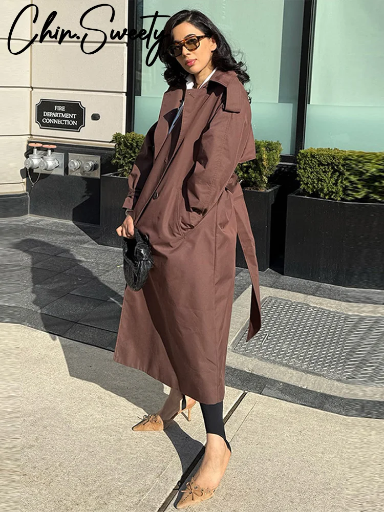 

Elegant Button Lace Up Long Windbreaker Women Solid Loose Full Sleeve Lapel Jacket Female 2025 Autumn Fashion Outwear Lady New