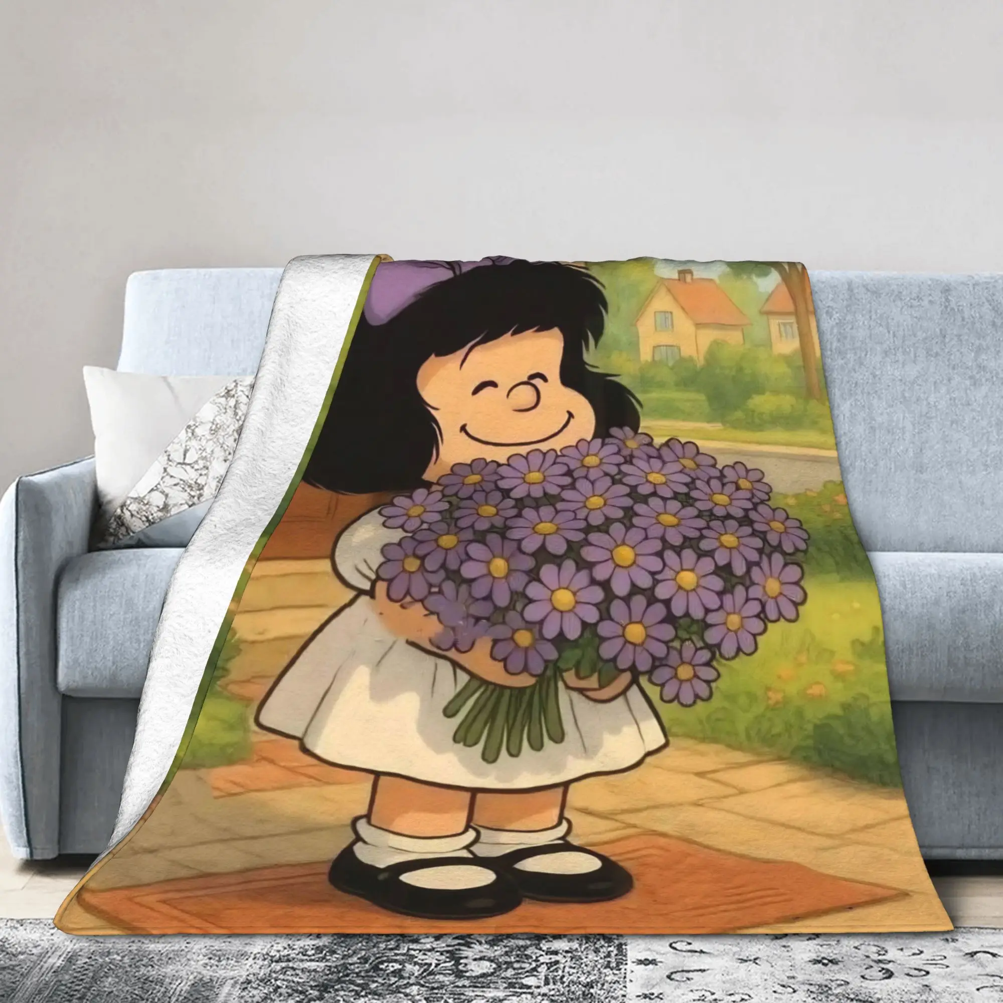 Mafaldas Flowers Anime Blankets Fleece All Season  Portable Ultra-Soft Throw Blankets for Sofa Outdoor Plush Thin Quilt