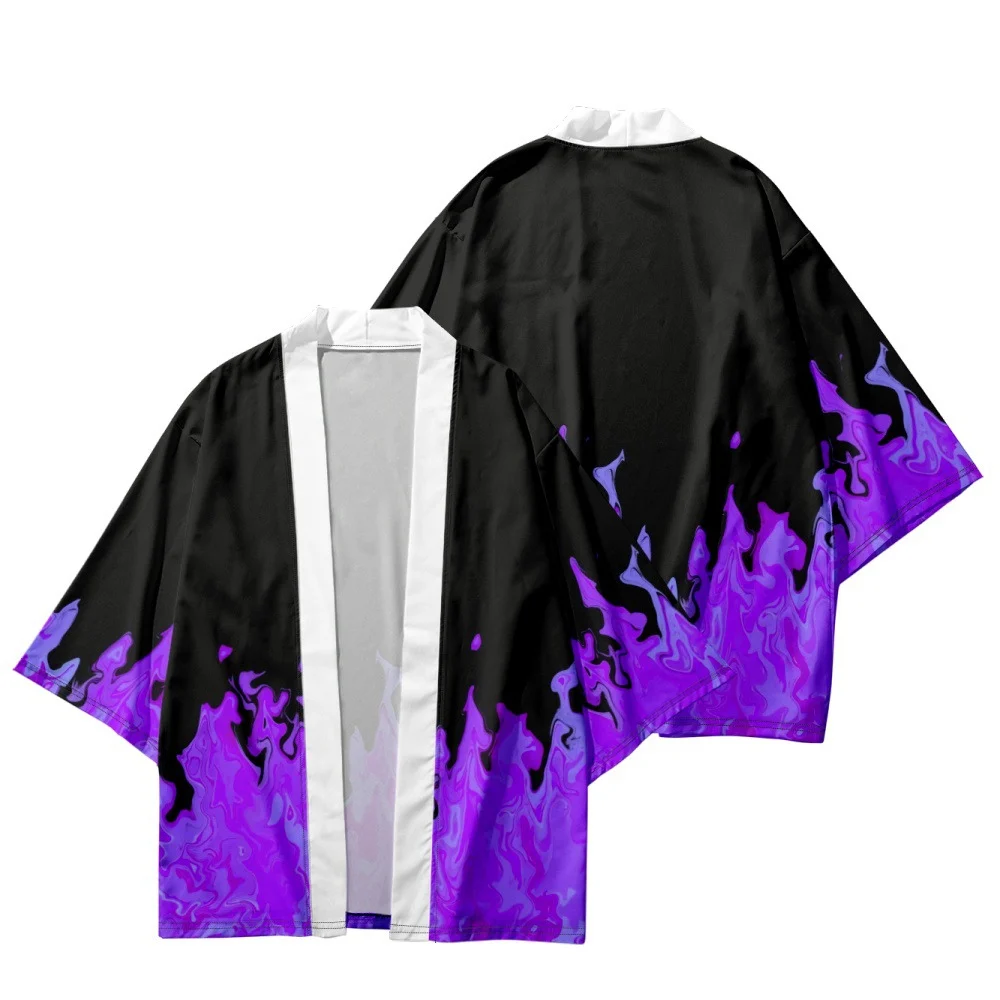 Fashion Purple Flame Print Kimono 2023 Summer Men 3/4 Sleeve Japanese Traditional Cardigan Haori Women Harajuku Streetwear Shirt