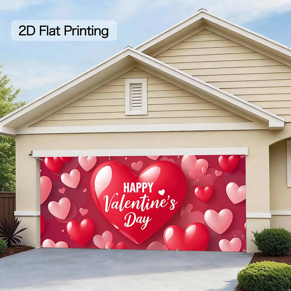 1pc Valentine's Day Garage Door Banner 13x6FT Red Heart Background Outdoor Decor, Romantic Backdrop, Durable Garage Home, Party