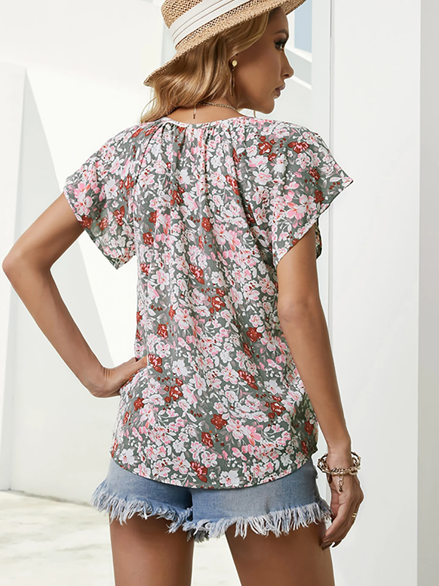 

Женская футболка Acelitt с цветочным принтом V-Ne ort Sve, новинка лета, универсальный шифоновый топ в стиле ретро, дышащая повседневная одежда