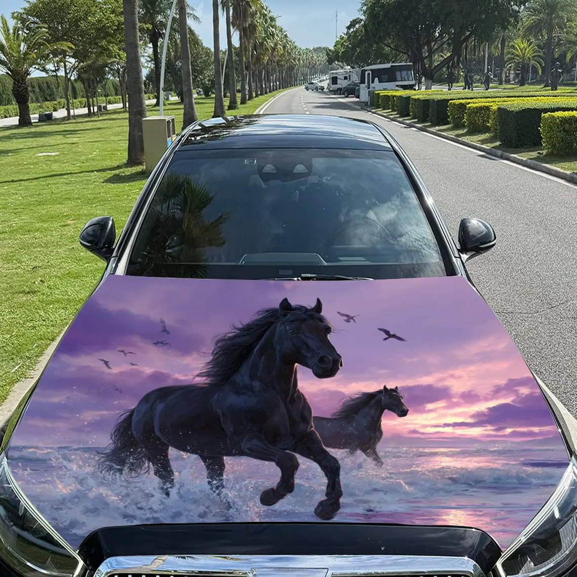 Two Horses Galloping Under Beautiful Pink - Purple Sky Pattern car hood stickers, waterproof self-adhesive, scratch resistant, e
