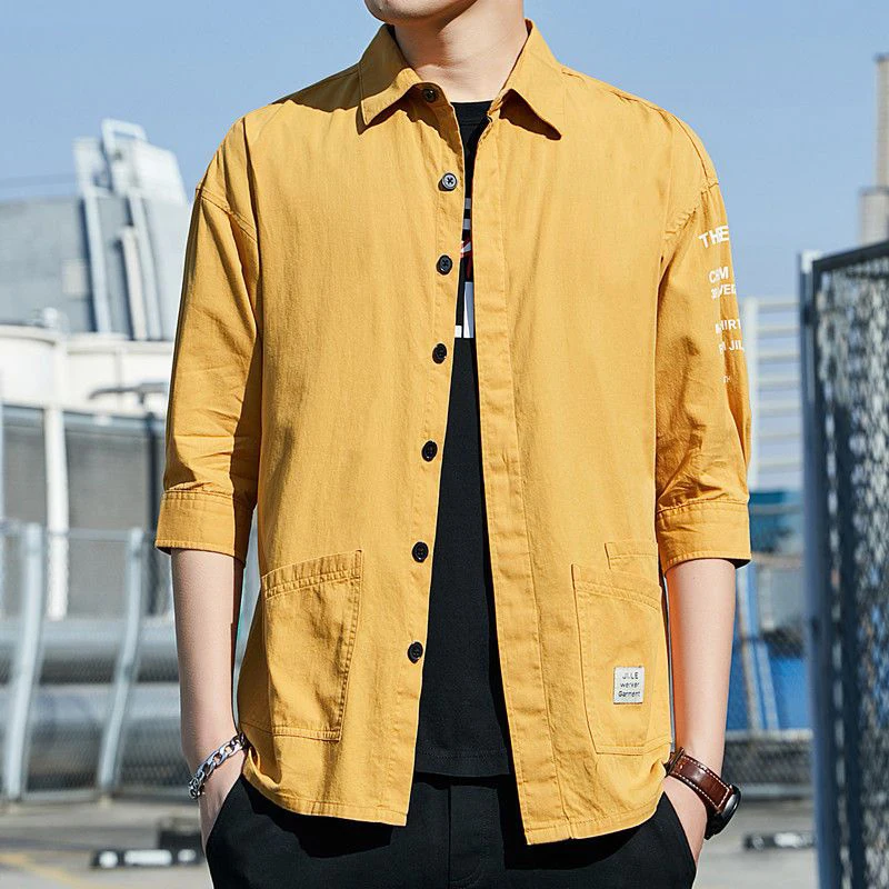 

Модные универсальные рубашки с лацканами и карманами с буквами, мужская одежда, новинка весны и лета 2025 года, повседневные топы, корейская рубашка