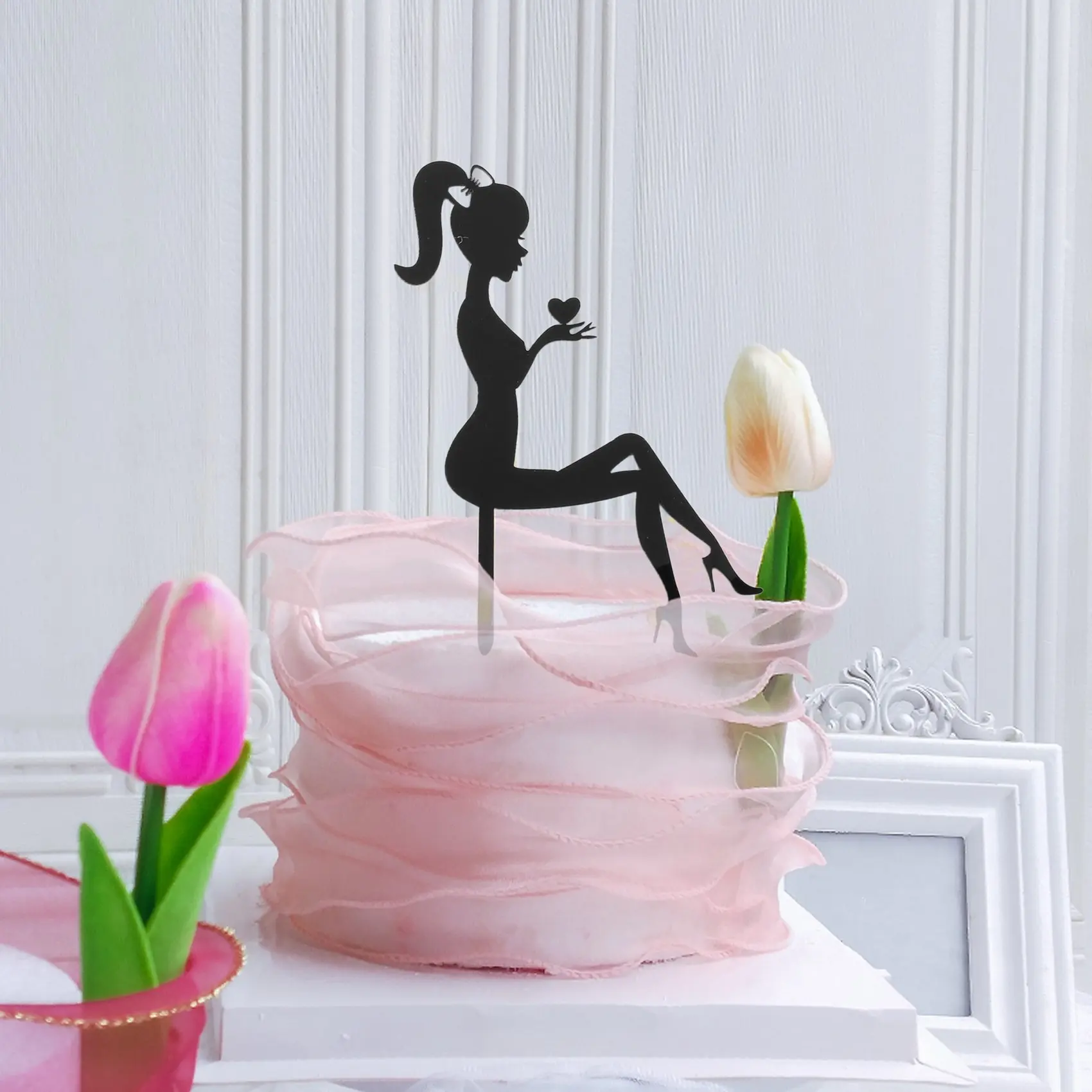 6PCS High Heels Woman Silhouette Pattern Girl Birthday Cake Decoration Cake Topper(Black)