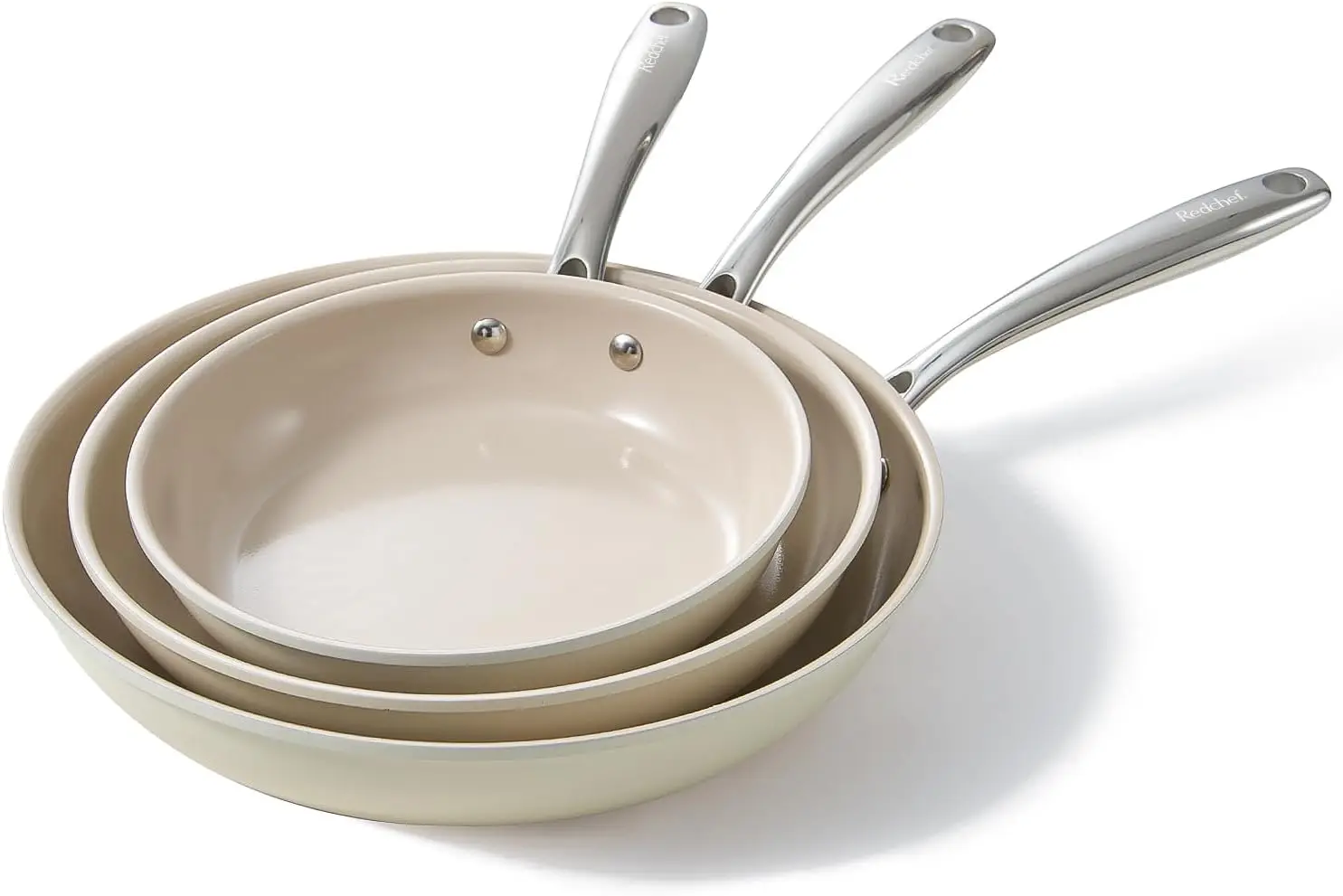 

Ceramic Nonstick Frying Pan Set, PFAS-Free, Oven Safe with Cool Handle in Beige White - 8", 9.5", 11" Sizes