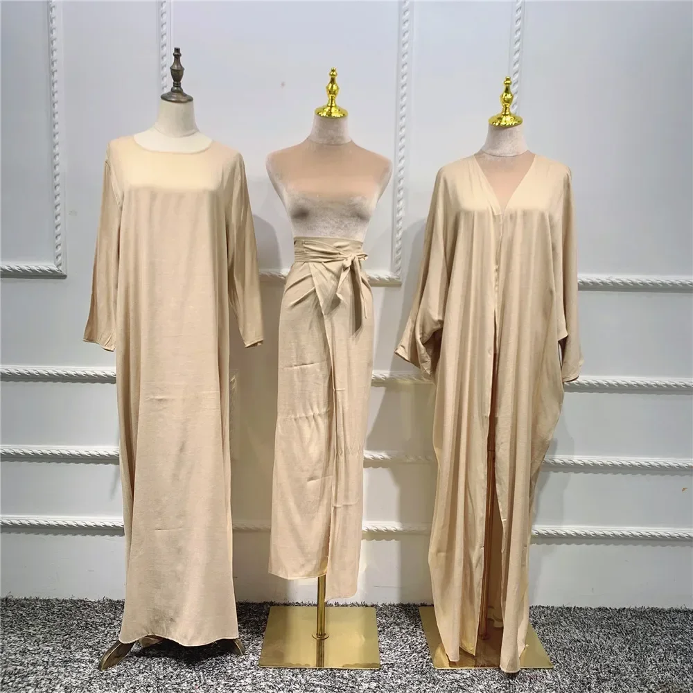 3 Piece Abaya Set Ramadan Eid Islamic Clothing Muslim Woman Satin Matching Hijab Kimono+Inner Dress+Wrap Tie Skirt Dubai Outfits