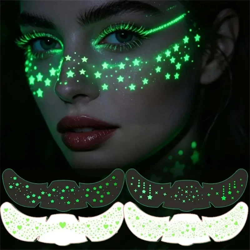 4 Sheets Luminous Freckle Tattoo Stickers Long Lasting Luminous Sparkle Star Heart Pattern Face Art Waterproof Tattoo Stickers