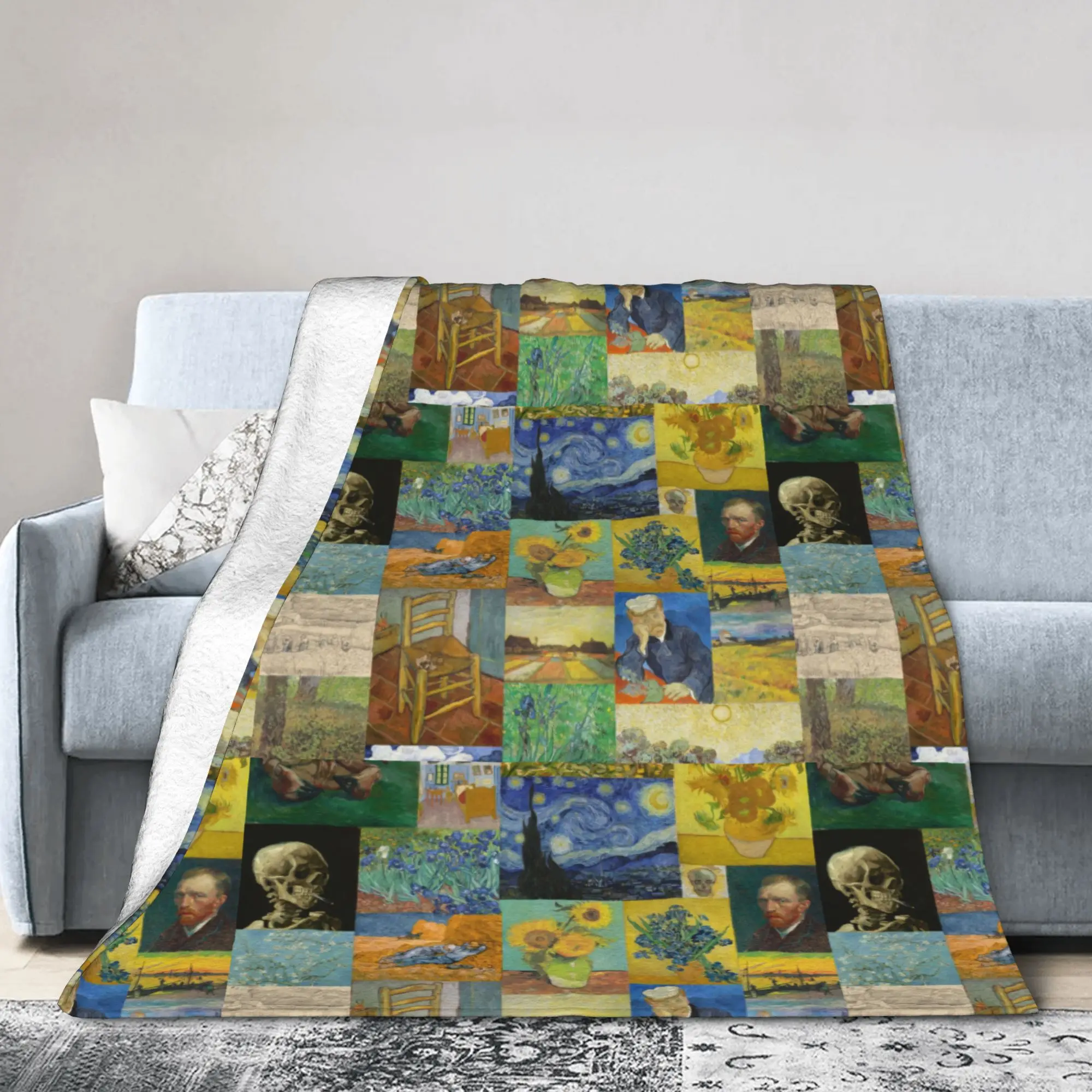 Van Gogh Collage Knitted Blankets Coral Fleece Plush Starry Night Portrait Painter Lightweight Throw Blankets Couch Breathable