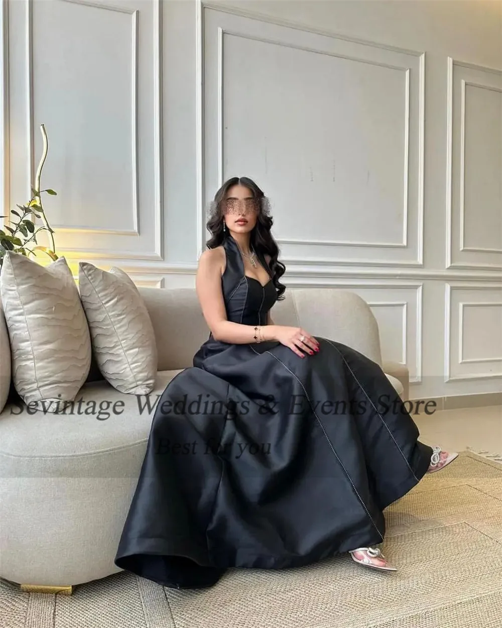 Sevintage Customized Black Saudi Arabic Satin Evening Dresses Spaghetti Strap Dubai Women Party Gowns Formal Prom Dresses 2023