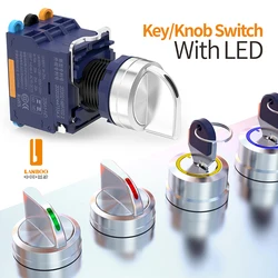 LANBOO 2/3 Gear Key head Push Button Knob switch Latching 1NO1NC with lamp Green Bule 9-24V 110V 220V