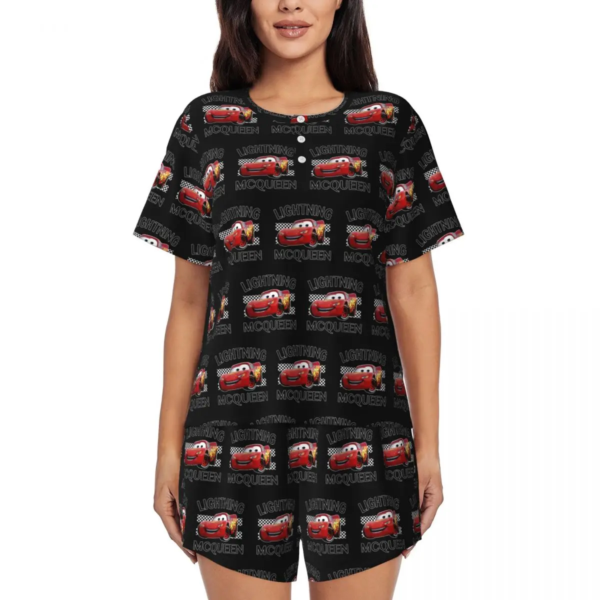 

Custom Printed Women's Cartoon Lightning Mcqueen Cars Pajamas Set Short Sleeve 2 Piece Sleepwear Pjs Lounge Sets