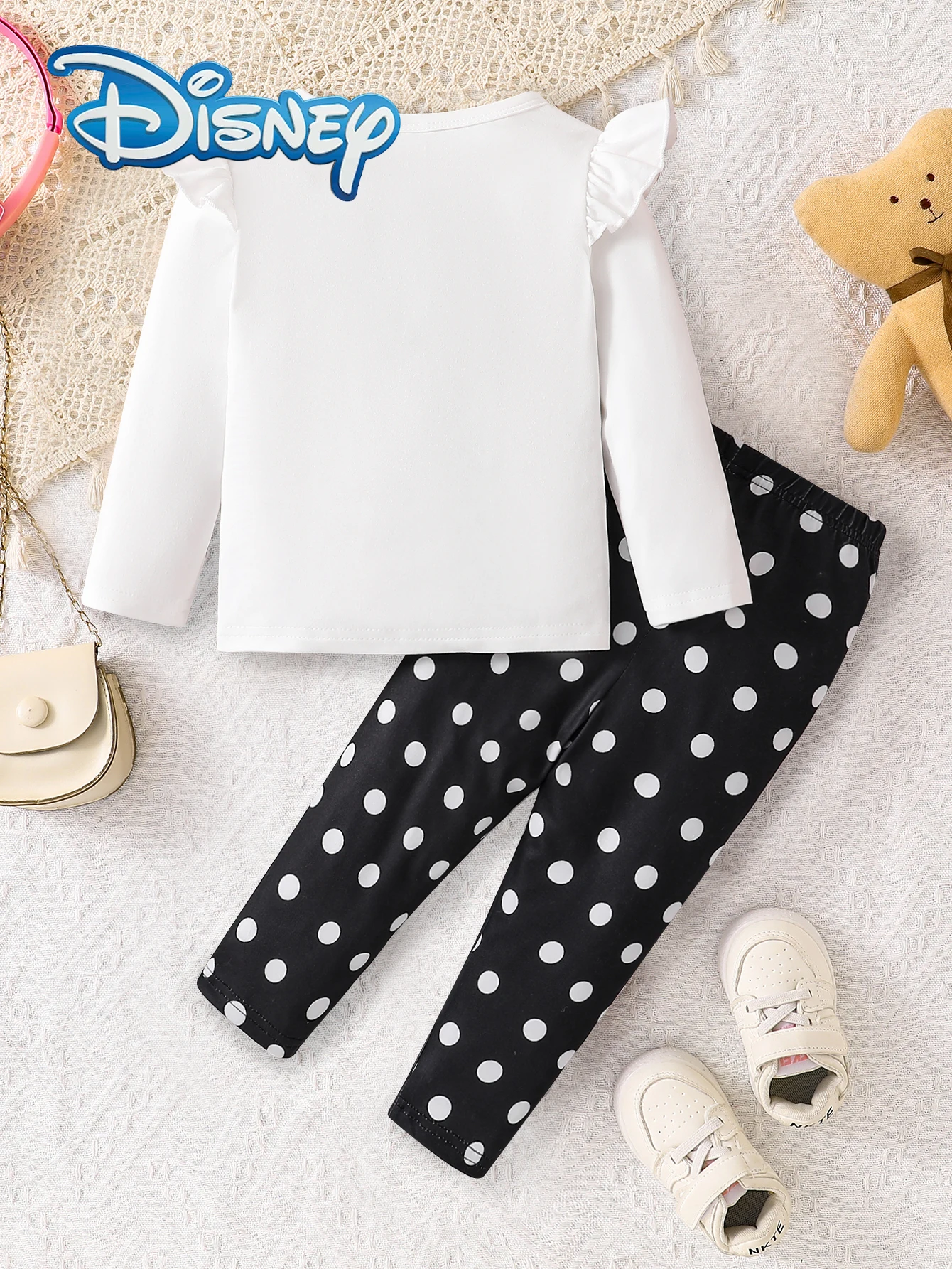 【مرخص رسميًا】مجموعة سراويل ديزني ميني ماوس مكونة من قطعتين للربيع والخريف للفتيات الصغيرات كاجوال بأكمام طويلة مطبوعة برسوم كارتونية ميني ماوس + سراويل مرنة قابلة للتمدد قليلاً للرياضات الخارجية، ملابس رائعة ومتعددة الاستخدامات، هدية رائعة للفتيات #2