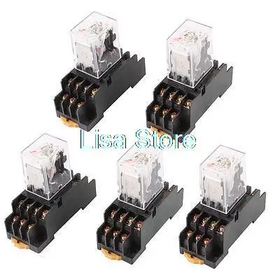 

AC 24V Coil Red Indicator Light 4PDT 14 Pins Power Relay 5 Pcs + Socket Base