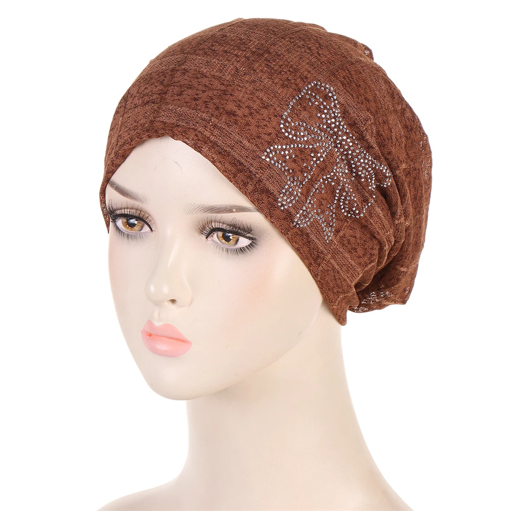 

Muslim Women Elastic Hijab Beanies Turban Rhinestone Chemo Cap Bonnet Hair Loss Pullover Hat Baggy Femme Headwear Headwrap Scarf