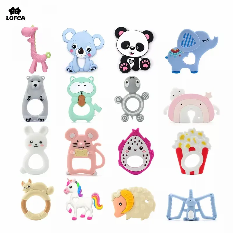 LOFCA 1PC Baby Teether Toys Pacifier Clip Chain Food Grade Silicone Beads Baby Shower Gift Cartoon Animals Necklace Accessories