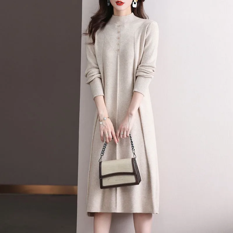 여성용 세미 하이 칼라 니트 스커트, 원피스 보터밍 셔츠, 가을 및 겨울 스웨터 스커트, 2025 신상 기질
