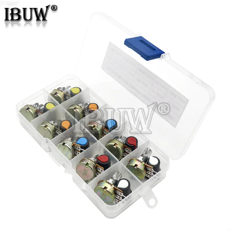 WH148 Potentiometer Kit B1K 2K 5K 10K 20K 50K 100K 500K 1M 15mm Linear Taper Rotary Potentiometer Resistor Set 3pin With Cap