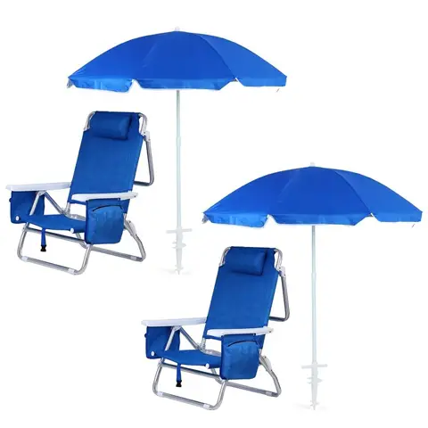 Blue Backpack Beach Chair with Cooler and Umbrella, 5 Position Reclining Beach Chair for Adults, with Cup Holder, Customized