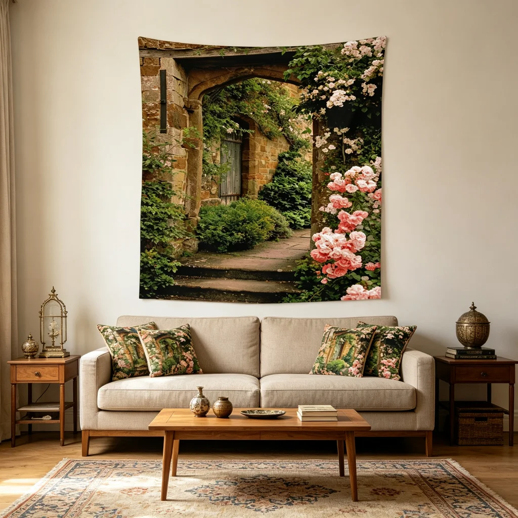 1PC Stone Arch Rose Art Print Backdrop Banner, Bedroom Living Room Photo Background, Polyester, Home Decor, Wall Art
